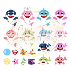 baby shark family svg bundle, mama shark, papa shark, sister shark, brother shark, baby shark svg png dxf eps cut files