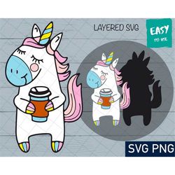 unicorn with coffee svg, cricut svg, clipart, layered svg, animal svg, files for cricut, cut files, silhouette, t shirt