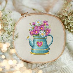 camomile cross stitch pattern daisy cross stitch pattern flower cross stitch pattern watering can cross stitch pattern