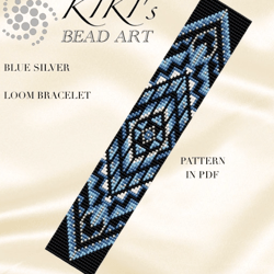 bead loom pattern, blue silver loom bracelet bead pattern, cuff design pdf pattern - instant download