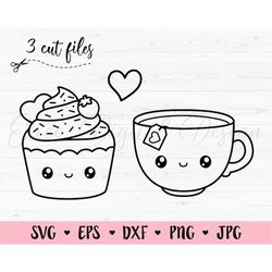 cupcake & teacup svg cut file kawaii food sweet bakery perfect match friendship best friend valentine silhouette cricut