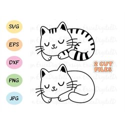 cute sleeping outline svg cut file kawaii cat cutting file kitty digital stamp funny animal vector eps dxf silhouette cr