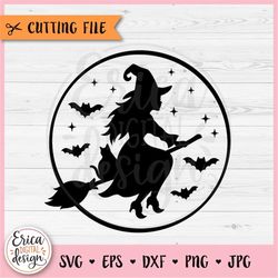 witch silhouette svg cut file cricut silhouette pretty witch broom cat bats full moon flying witch hat girl halloween sh