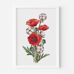 poppy cross stitch pattern pdf instant download, cotton counted cross stitch pattern, flower cross stitch, spring bloom