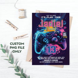 personalized file video game party invitation | printable gamer birthday invite | green blue glow invite | png file