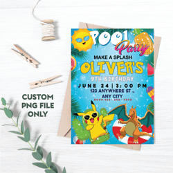 personalized file pokemone birthday invitation digital, pikachu party invite, summer pool party invitation | png file