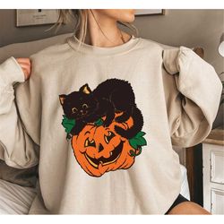 Vintage Halloween Sweatshirt and Hoodie, Pumpkin and Black Cat Shirt, Pumpkin Halloween Shirt, Cute Halloween Shirt