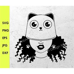 girl cat hat svg png eps, funny hat svg, curly hair, paw earrings, afro woman stylish hat earrings ,african american hat