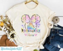 personalized disney birthday girl shirt, watercolor minnie ears birthday shirt, disneyland castle birthday shirt, bday c