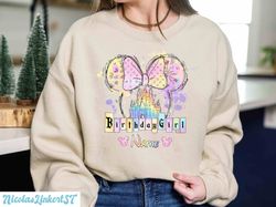 personalized disney birthday girl sweatshirt, watercolor minnie ears birthday shirt, disneyland castle hoodie, bday crew