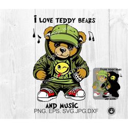 music teddy bear wearing headphones svg png,t-shirt sublimation digital file hip hop cool teddy bear svg png cut cricut,