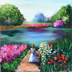 landscape oil painting. river and girl with flowers