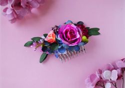 hot pink navy blue flower comb eucalyptus comb bridal hair clip floral headpiece wedding hairpiece