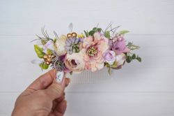 peach mauve gold flower comb pale floral comb pastel headpiece bridal hair comb wedding hair accessories