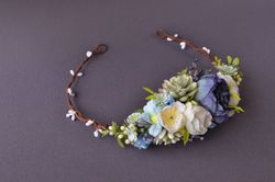 navy blue white floral crown peony flower crown hair flowers bridal headband wedding hair wreath