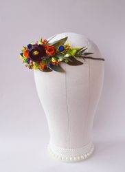 burgundy floral crown bridal headpiece orange blue hair wreath bridesmaid flower hairpiece rustic wedding crown