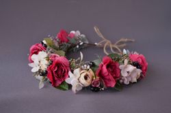 dusty red ivory flower crown bridesmaid floral crown bridal headpiece flower girl headband floral accessories