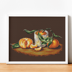 cozy cup with mandarin cross stitch pattern pdf, needlepoint winter decor, tangerines cross stitch, kitchen art