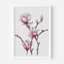 magnolia cross stitch pattern, delicate flower design, tenderness cross stitch, spring bloom counted cross stitch