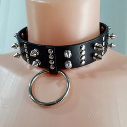 unique handmade leather bondage collar with metal rivets and spikes