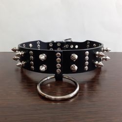 quality handmade bdsm submissive collar with o ring black leather gothic choker with spikes 1.2 inch width