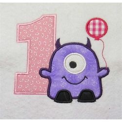 one eye monster 1st birthday balloon embroidery applique design - 2 sizes - custom sayings welcome