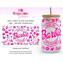 come on barbie lets go party 16oz glass can wrap png, barbie barb pink doll dress castel car crown lips handbag shoe gla