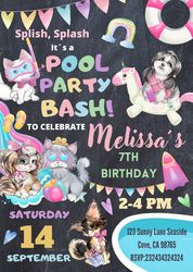 editable canva pet pool party invitation, cat and dog pool party invitation