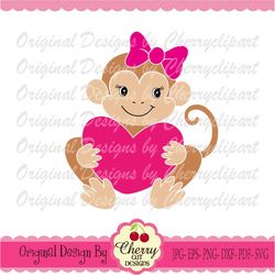monkey svg dxf, baby girl monkey hugging heart svg dxf, valentine's day monkey svg silhouette & cricut cut files vtn57