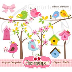 Cute Birds and Birdhouses Digital Clipart Set for-Personal and Commercial Use-paper crafts,card making,scrapbooking,web
