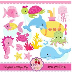 submarine and sea creatures for girls set-personal and commercial use-paper crafts,card making,scrapbooking,web design