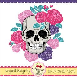 skull with roses, day of the dead sugar skull svg, halloween skull svg silhouette & cricut cut files, clip art, t-shirt