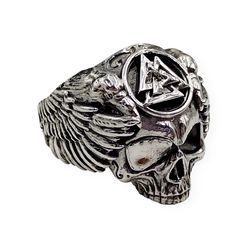 ring skull of odin with ravens and valknut, 701400ym, 925 sterling silver