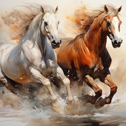 two horses oil painting