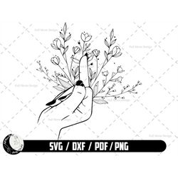 middle finger svg , hand line art, hand with wild flower svg, digital download