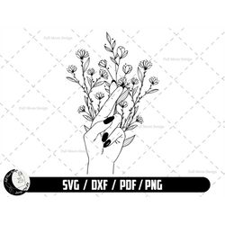 hand svg, hand line art, hand with wild flower svg, digital download