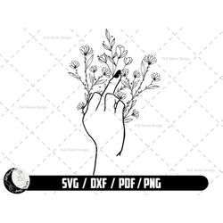 middle finger svg , hand line art, hand with wild flower svg, digital download