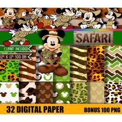 32 mickey safari digital paper, mickey minnie jungle safari, animal print pattern, jungle animal patterns png