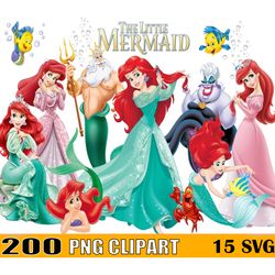 200 little mermaid clipart png, ariel png, princess bundle, disney cartoon png, ariel embroidery