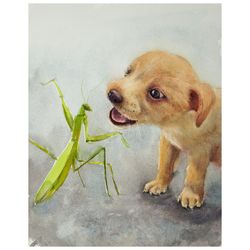 puppy and praying mantis - cute puppy original watercolor