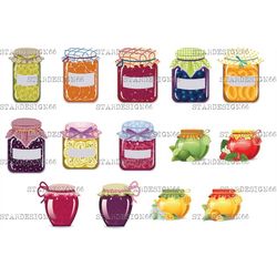 digital eps png jpg jars of jam, orange jam, strawberry jam, apricot jam, cherry jam, vector, clipart, template, instant