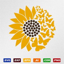 sunflower butterflies svg, dxf, eps, ai, cdr vector files for silhouette, cricut, cutting plotter