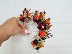 rust burgundy flower hairpins