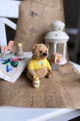 handmade teddy bear, teddy bear and barrel of honey, teddy bear artist, collectible toy, miniature mohair teddy bear