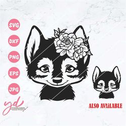 Cute Wolf Svg | Wolf Svg | Wolf With Flowers Svg | Floral Wolf Head Svg | Wolf Clipart | Cute Baby Wolf Face Svg | Wolf