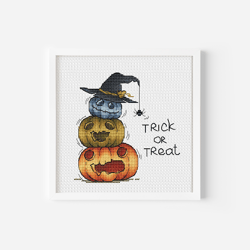 pumpkin cross stitch pattern pdf, festive halloween cross stitch trick or treat pumpkins with spider, spooky art