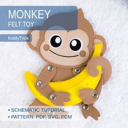 sewing pattern, felt monkey with a banana, flat articulated toy