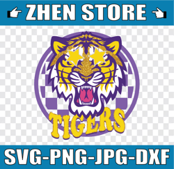 tigers preppy mascot png purple yellow gold checkerboard png, ncaa png, ncaa sport png, digital download