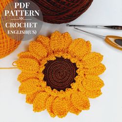 sunflower crochet pattern, autumn flower cottagecore decor, large  sunflower crochet applique.