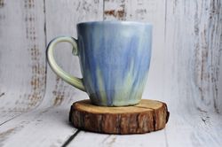 drip glaze mug 400ml, blue & green ceramic handle mug, large cappuccino cup 14oz, handmade coffee mug, gift pottery mug.